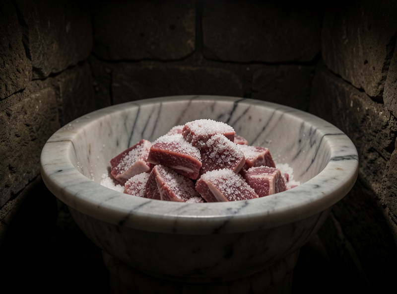 Traditional marble conca holding salt-covered pork fat in a stone cellar