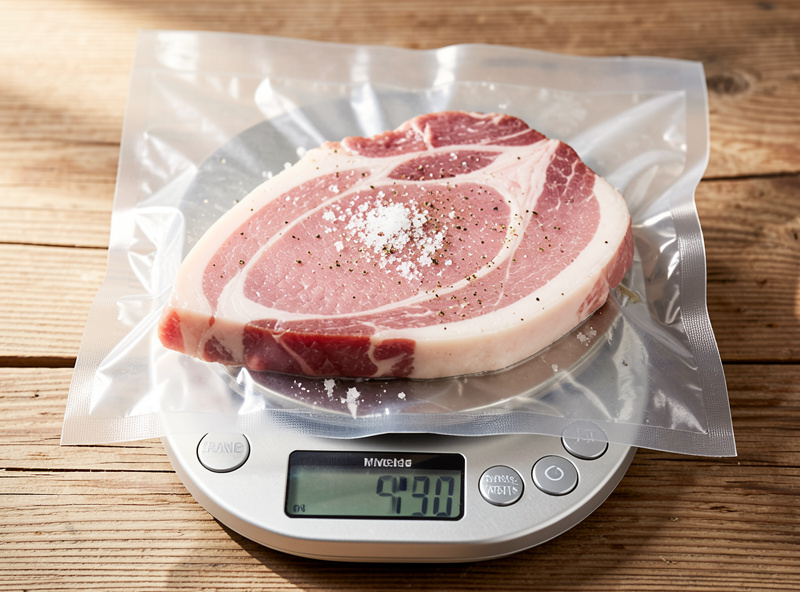 Pork back fat rubbed with salt and pepper sealed in a vacuum bag on a scale