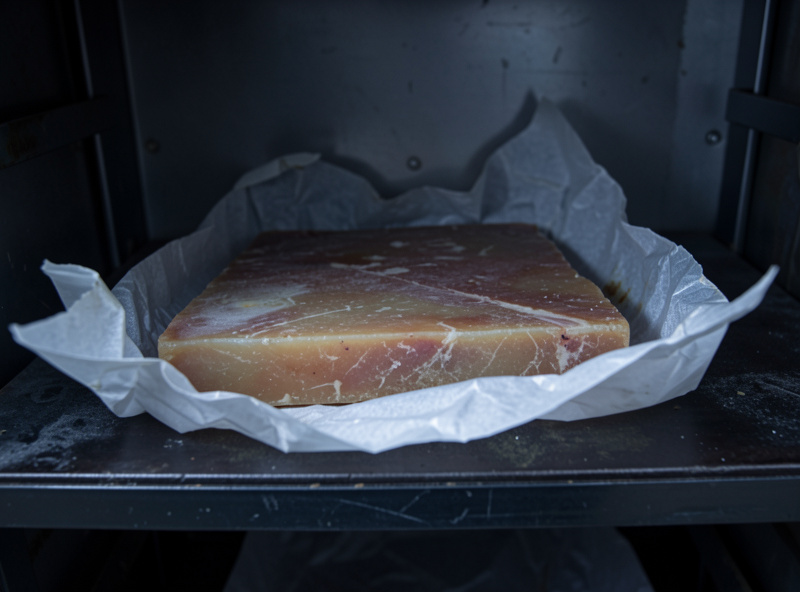 A cured lardo slab wrapped in parchment on a chamber shelf