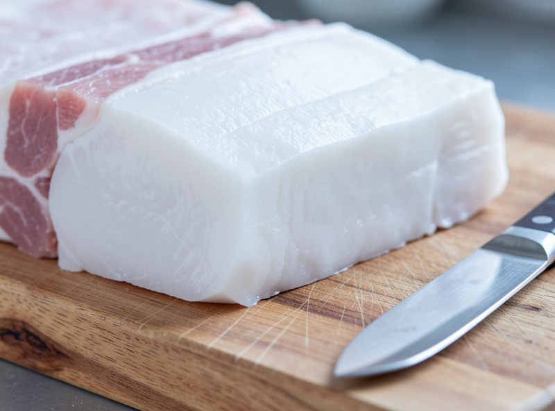 A dense raw slab of pork back fat on a butcher block