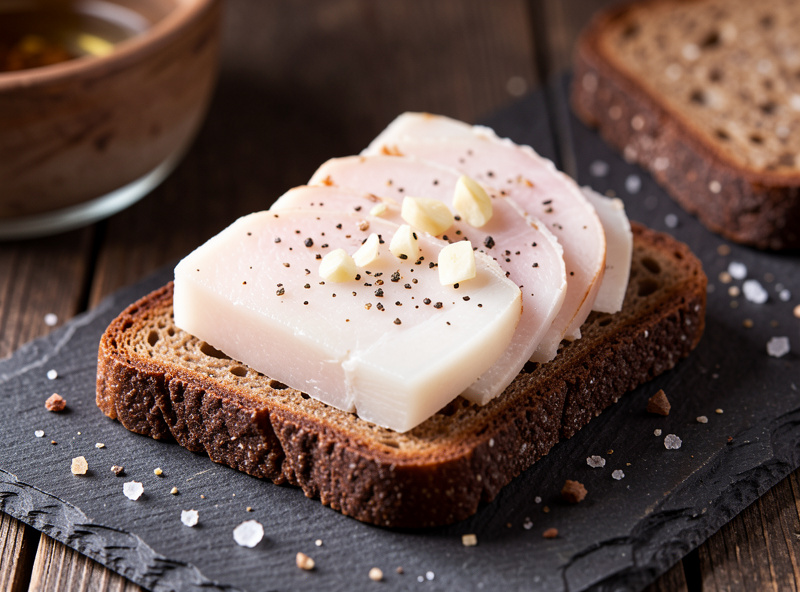 Ukrainian salo sliced thin on dark rye bread with garlic and pepper