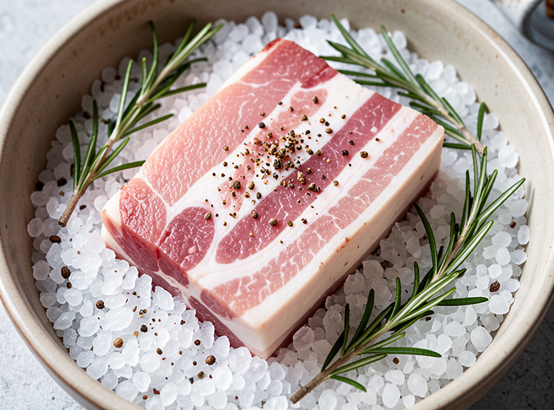 A slab of pork back fat buried in coarse salt during the salt phase