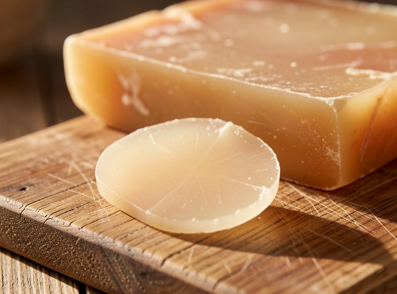 A thin slice of finished lardo held to the light showing faint translucency