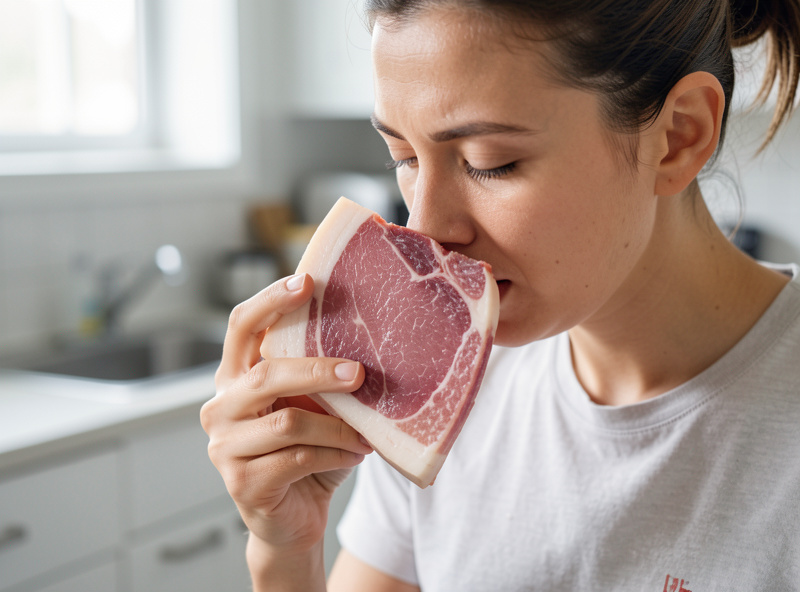 Smelling a slab of cured pork fat to check it for freshness