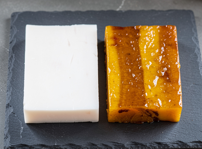 A clean white lardo slab next to a deeply yellowed greasy one for comparison