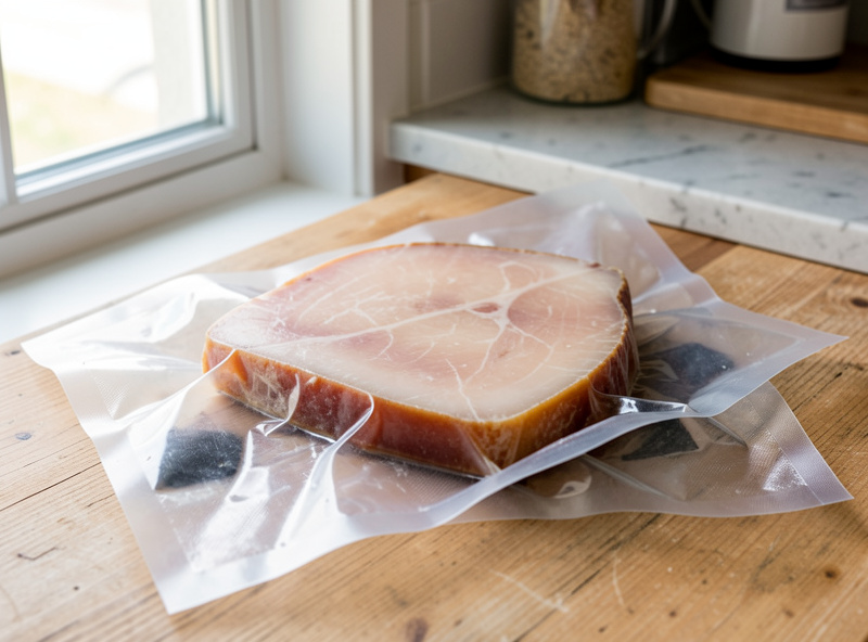 A cured lardo slab being vacuum-sealed for cold dark storage