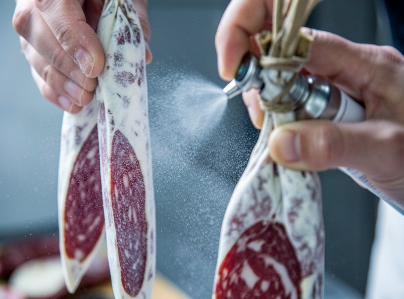 Home charcuterie maker spraying a fine mist of mold culture onto a hanging salami