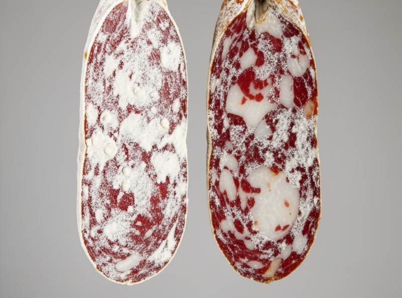 Two hanging salami side by side, one with even white mold and one with patchy coverage