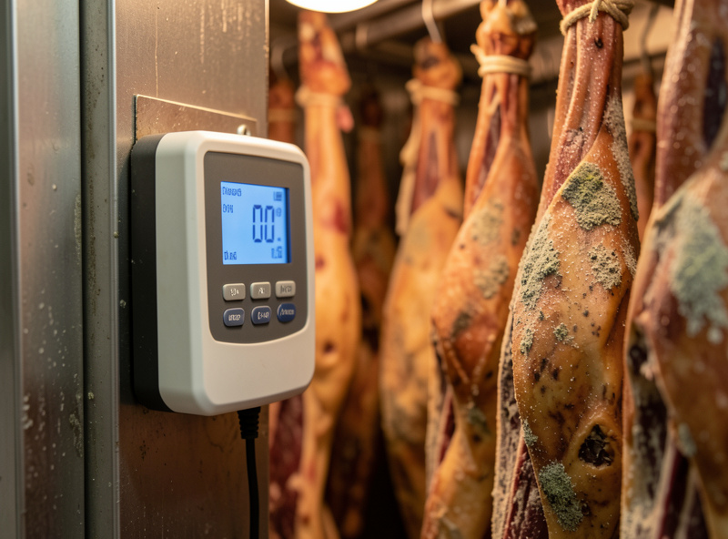 Digital hygrometer and temperature controller mounted inside a curing chamber