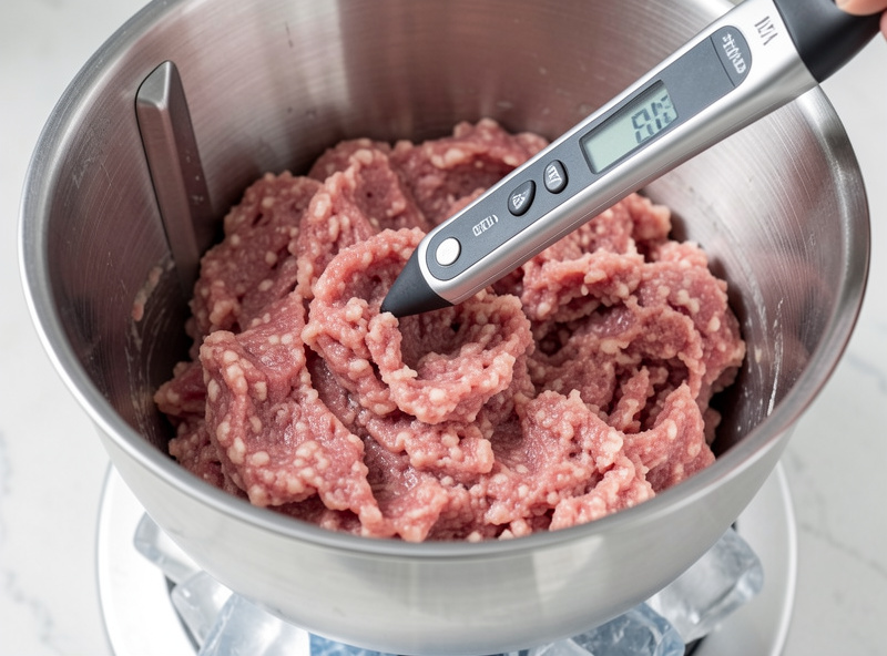 Stainless steel food processor bowl holding cold meat paste with a digital probe thermometer and an ice pack underneath