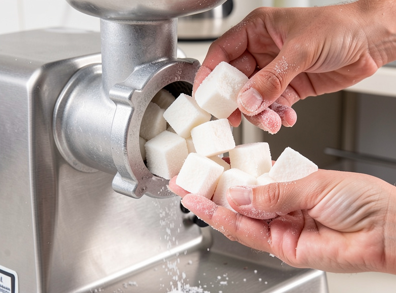 Hands feeding cold frosty white back-fat cubes into a stainless steel meat grinder