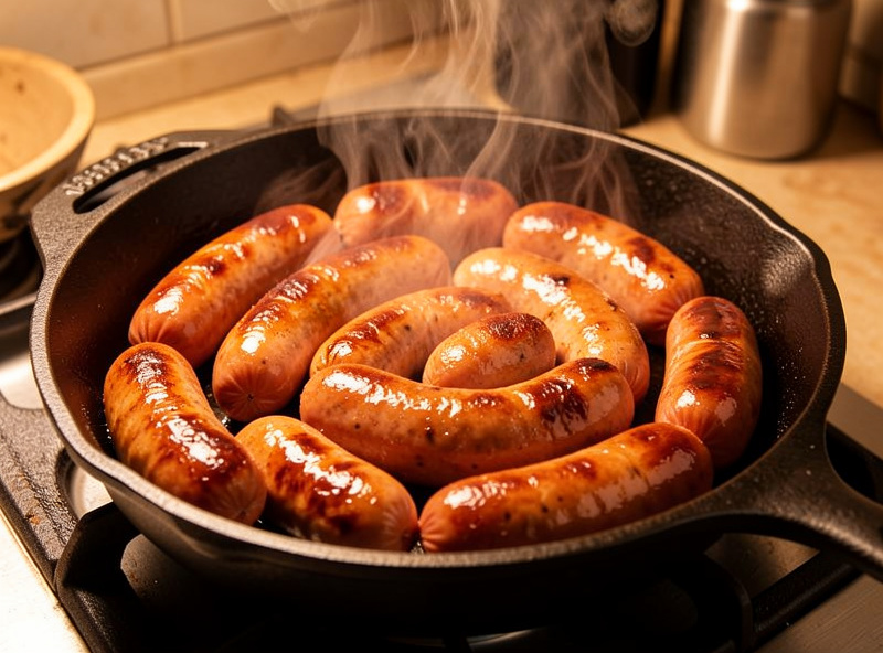 Juicy fresh sausages browning and glistening in a cast iron pan with steam rising