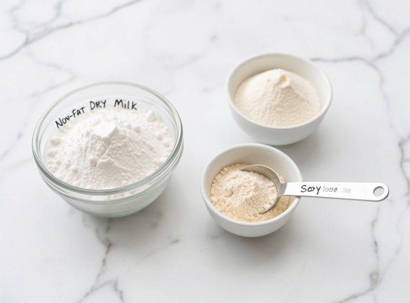 Small labeled bowls of non-fat dry milk powder and pale soy protein powder with a measuring spoon on white marble