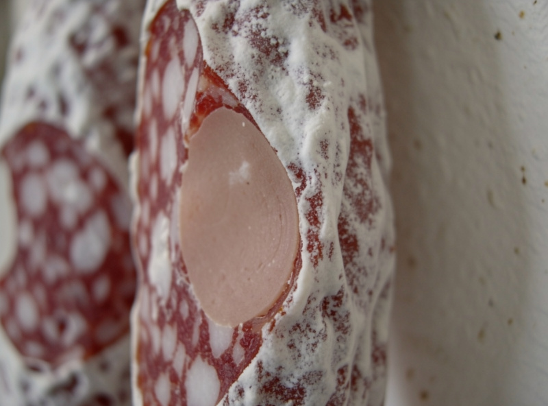A salami with a bald bare patch on one side where it hung against the chamber wall