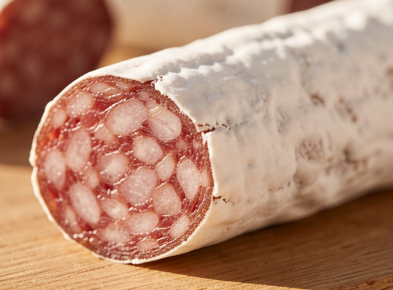 A salami with a flawless full even white mold bloom from end to end
