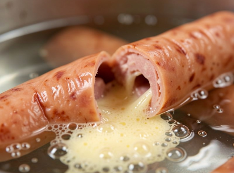 Close-up of a sausage casing that has split and burst in poaching water with emulsion squeezing out