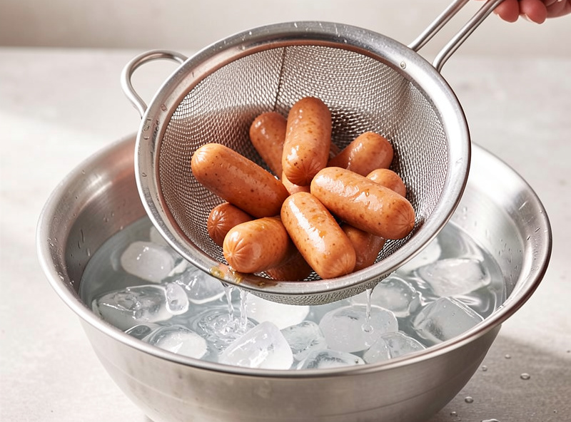 A colander of freshly poached sausages being plunged into a bowl of ice water to shock cool them