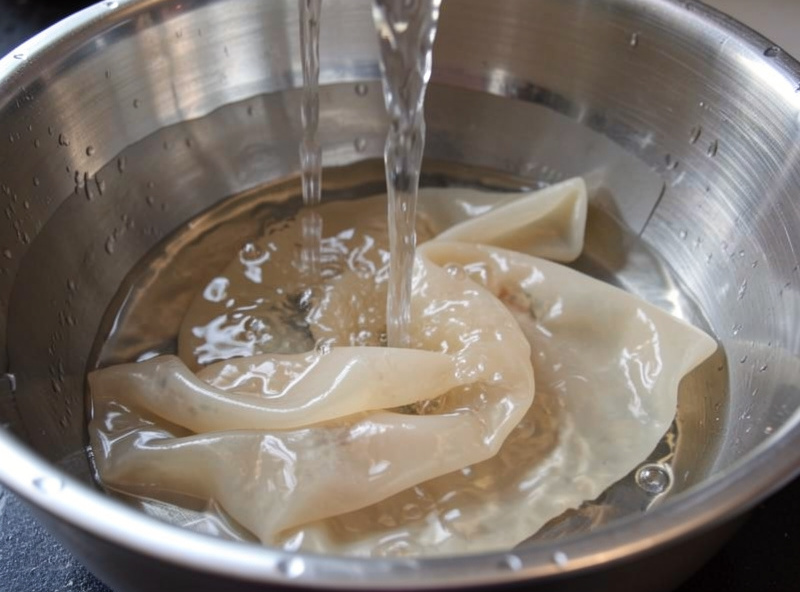 Translucent natural hog casing being flushed with running water over a stainless steel bowl