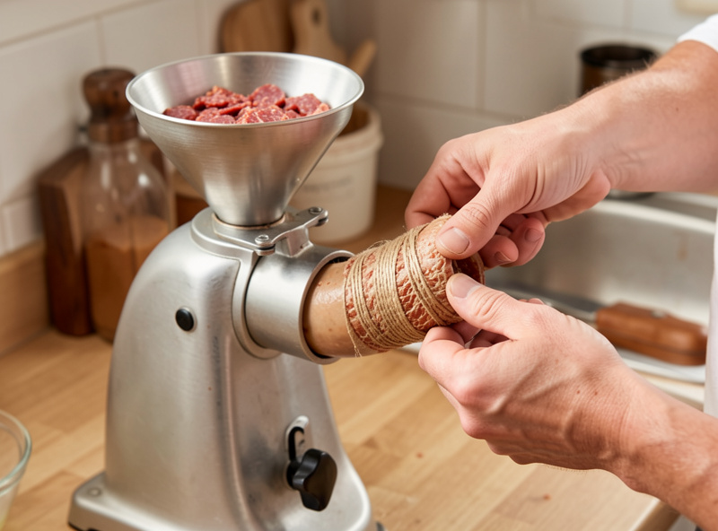 Hands threading a natural casing onto the horn of a sausage stuffer with salami mix in the hopper