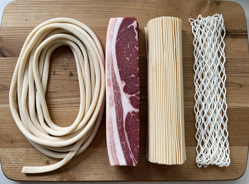 Overhead comparison of natural hog casing, beef bung, collagen casing, and elastic salami netting on a wooden board