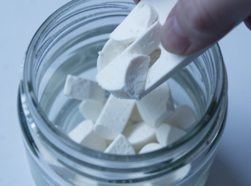 White mold casing pieces being blended into a jar of water to release spores