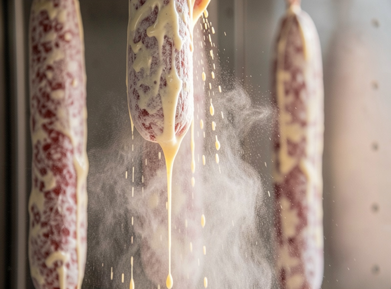 Strained mold slurry being misted onto a freshly stuffed pale salami hanging in a chamber
