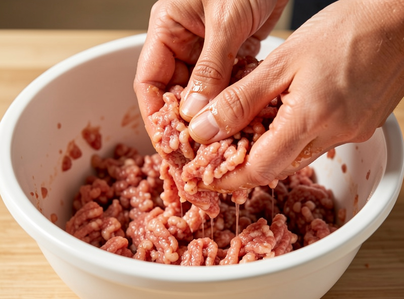 Hands mixing ground meat at the moment the protein turns glassy and sticky and begins to climb the hand