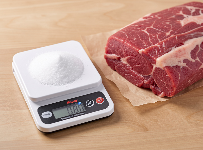 A digital kitchen scale weighing a precise amount of salt next to cold ground meat