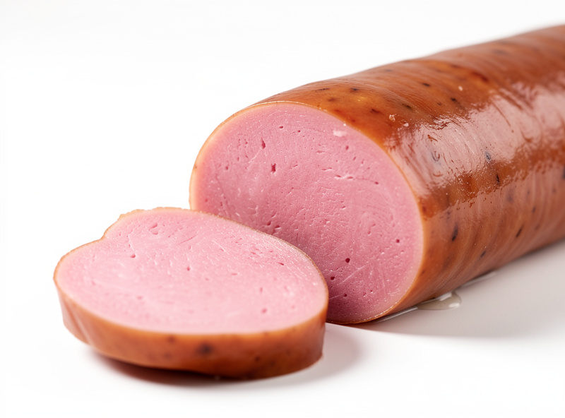 A poached sausage being gently sliced to reveal a tender uniform pink interior