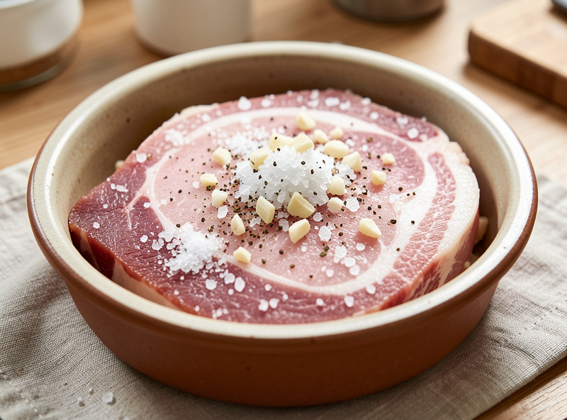 A slab of pork back fat coated in coarse salt, garlic and black pepper in a dish