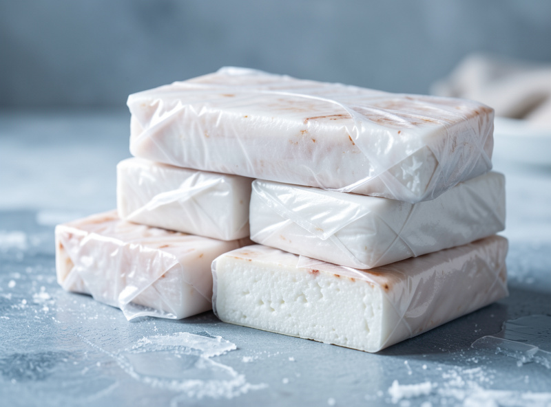 Wrapped blocks of cured salo, one unwrapped showing firm dense white fat