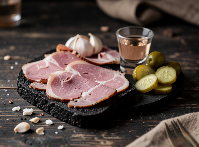 Thin cold slices of salo on black bread with garlic and pickles