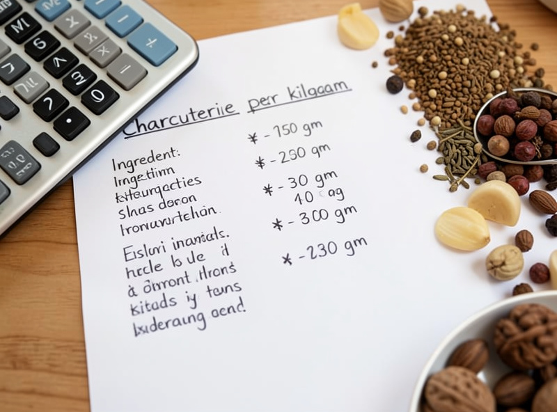 A handwritten charcuterie worksheet showing ingredient amounts in grams per kilogram beside a calculator and whole spices