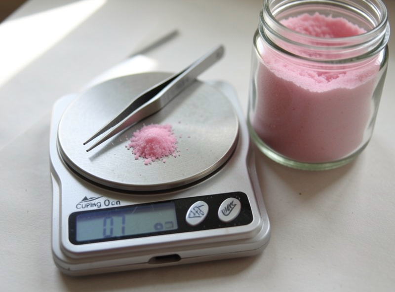 Curing salt being weighed precisely on a small 0.1 gram jeweler's scale