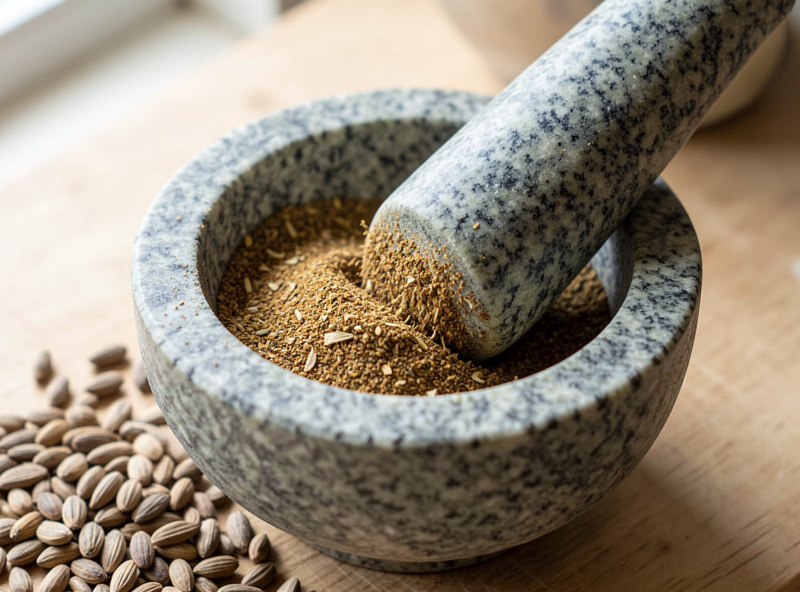 Granite mortar and pestle grinding freshly toasted spices into a coarse fragrant powder
