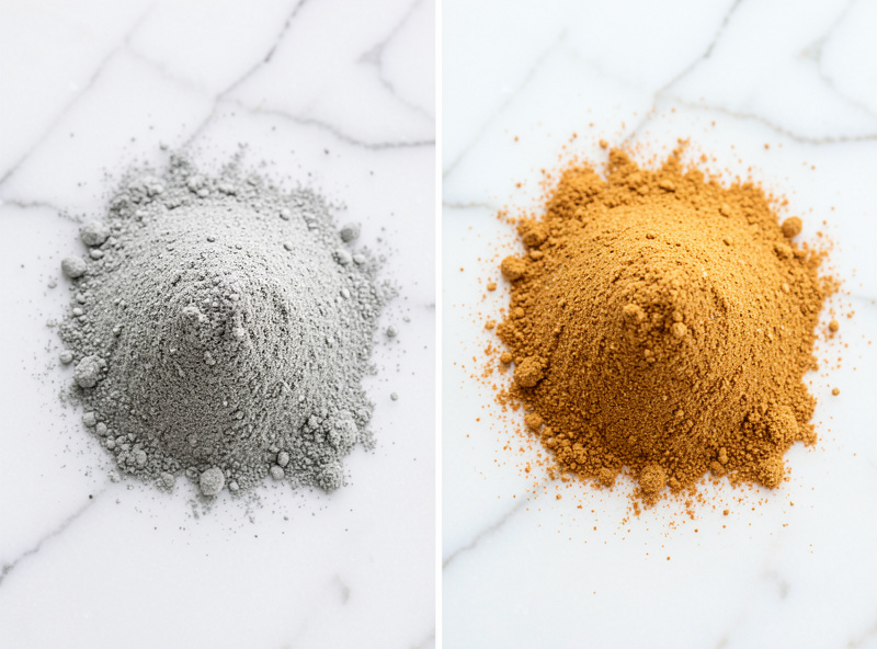 Side-by-side comparison of dull pre-ground grey spice next to vivid freshly toasted and ground spice on white marble
