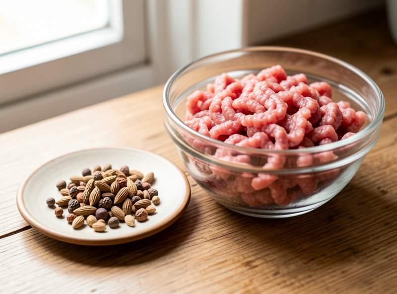 Freshly toasted whole spices cooling on a plate beside a chilled bowl of ground pork for sausage