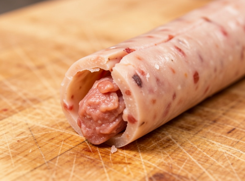 A burst sausage casing with meat extruding through a split seam on a wooden cutting board