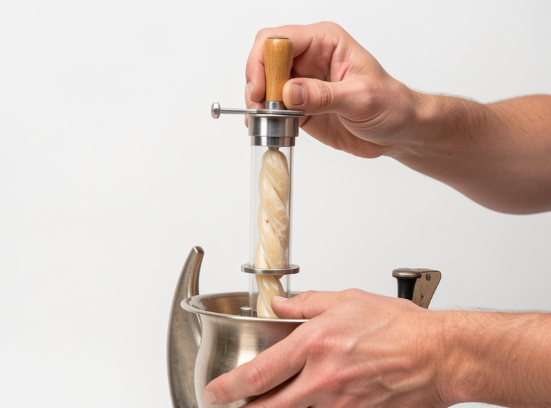 Hands slowly cranking a vertical piston sausage stuffer with casing filling evenly on the horn