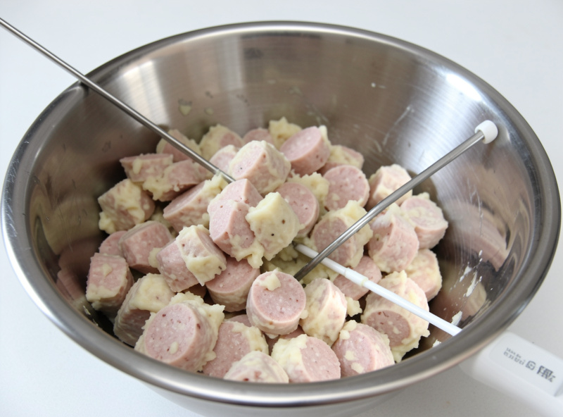 A bowl of cold pale sausage farce with a digital instant-read thermometer reading a low temperature