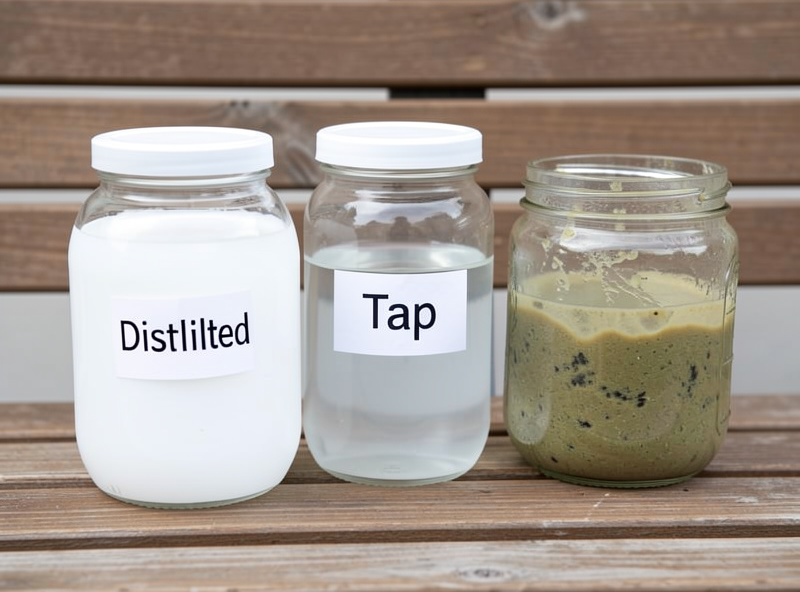 Two water containers labeled distilled and tap beside a jar of mold culture being rehydrated