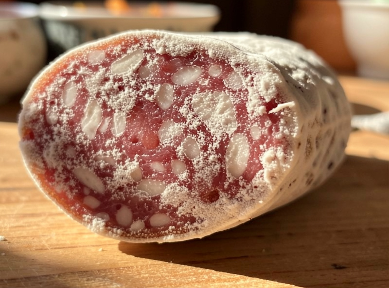 A salami finally growing an even powdery white mold coat after conditions were corrected