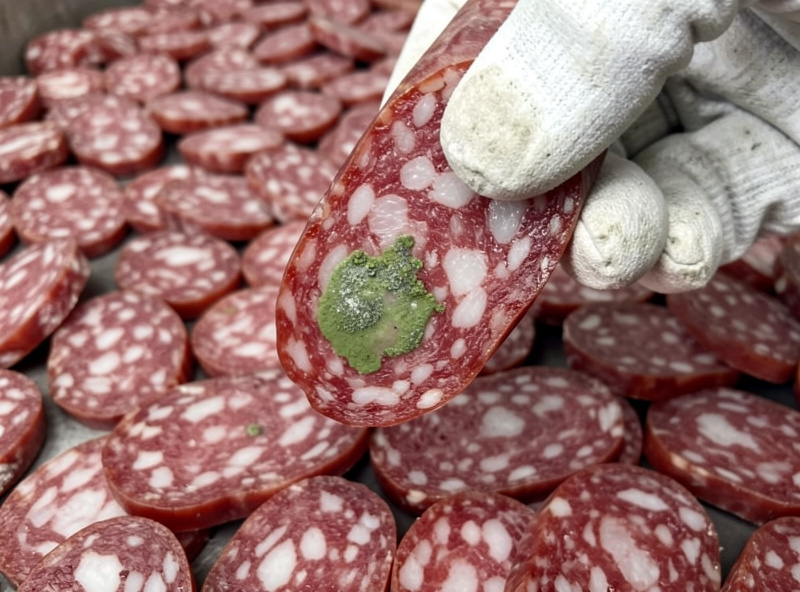 A single salami with a green off-color mold patch being lifted away from the batch