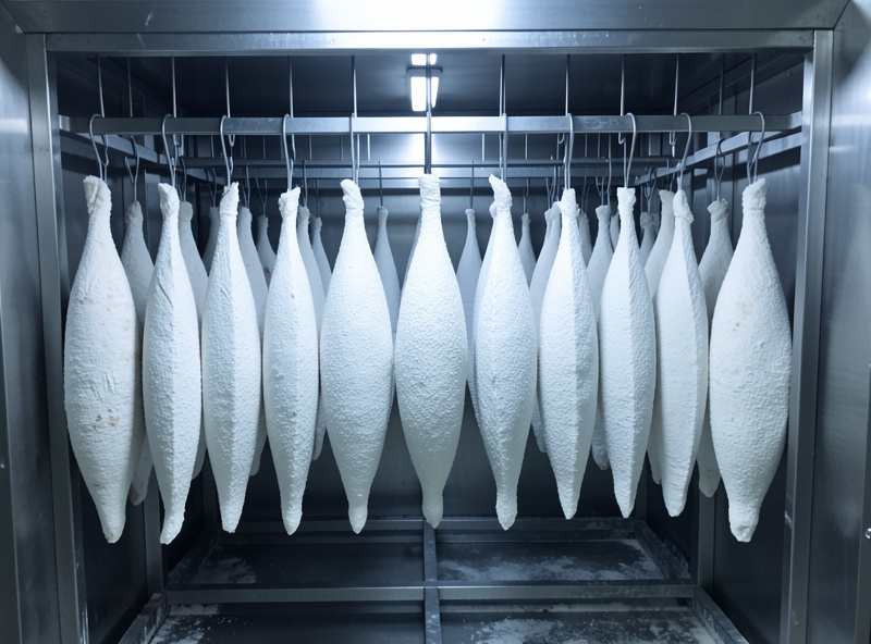 Well-established curing chamber where every hanging piece carries a uniform white mold coat