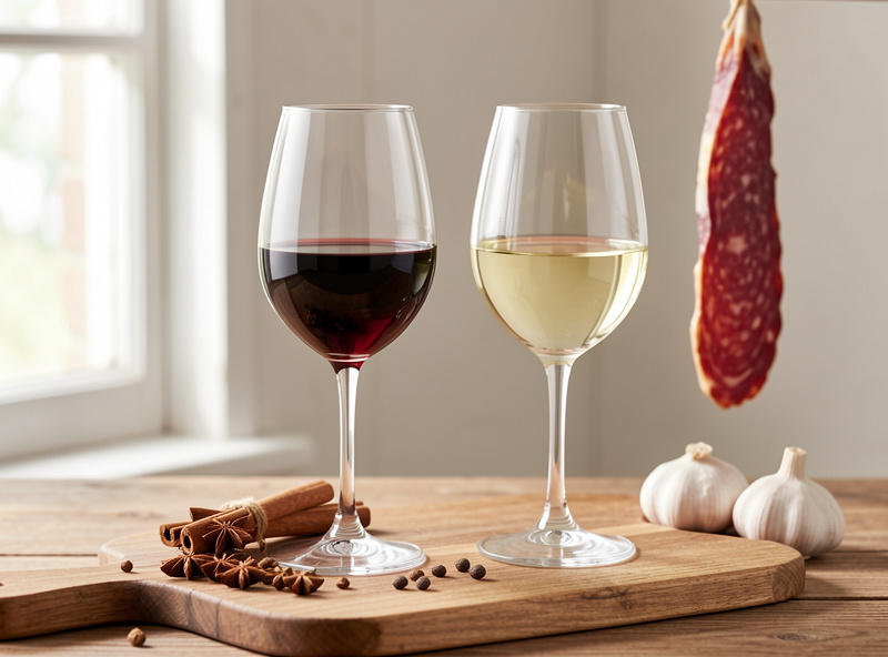 A glass of dry red wine and a glass of crisp white wine side by side with whole spices, garlic and a hanging salami