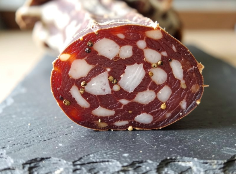 Close-up cross-section of a finished dry-cured salame with deep wine-red color, white fat and pepper flecks